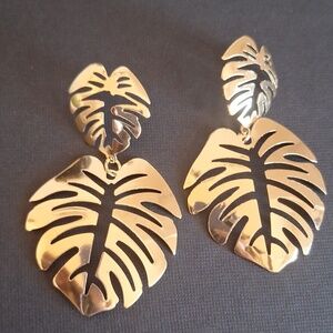 Tropical Monstera Leaf Earrings Solid Gold Brass Botanical Jewelry